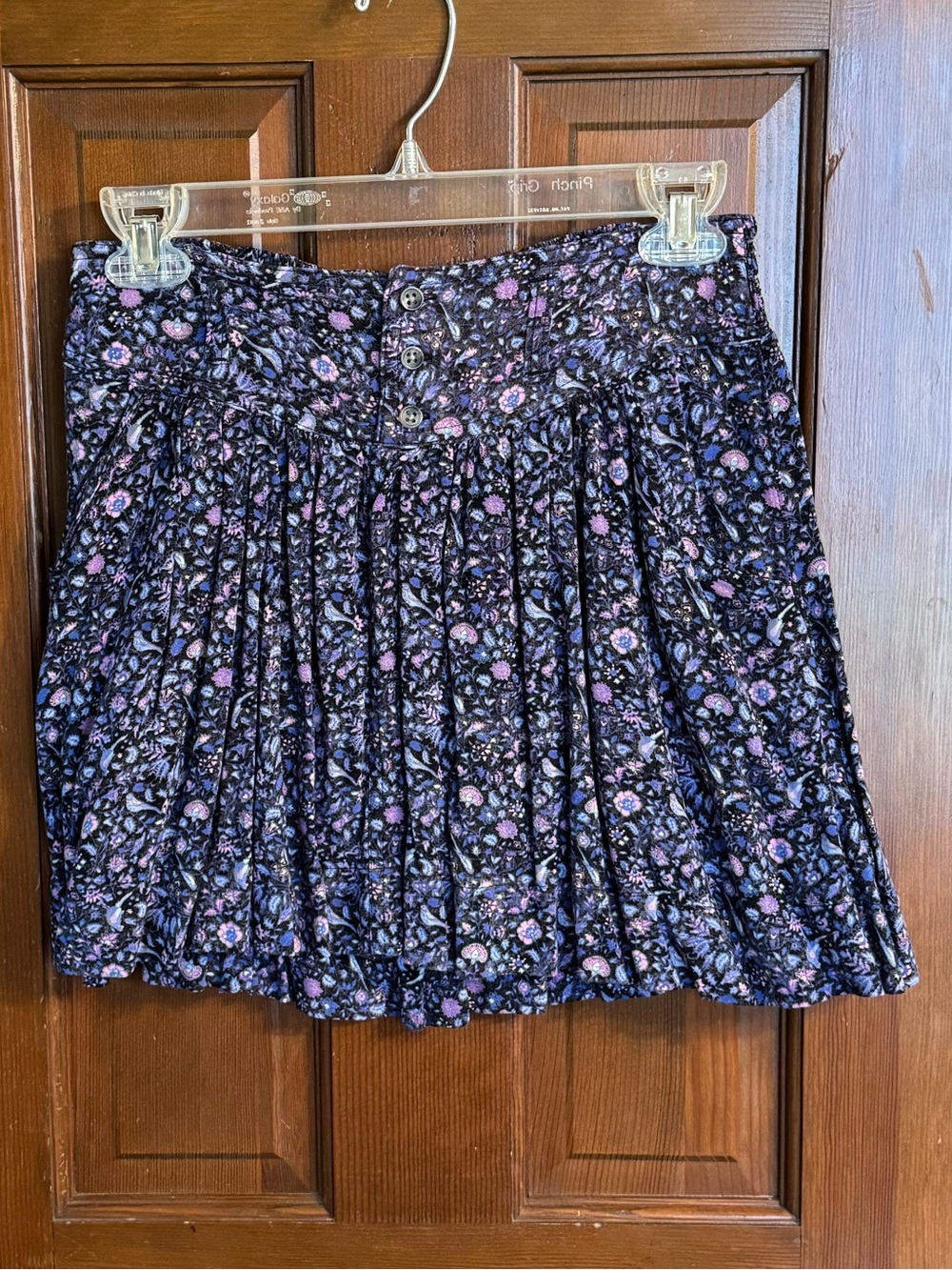 American Eagle Outfitters Navy Floral Gathered Mini Skirt with Purple Accents